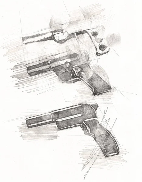 Revolver Illustration Pistolet Vintage Dessinée Main Ensemble Vieux Pistolets Style — Photo