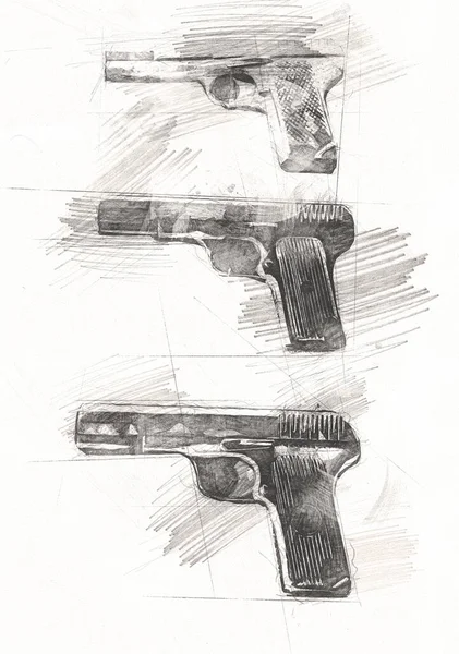 Revolver Handritad Vintage Pistol Illustration Gravyr Stil Gamla Pistoler Som — Stockfoto