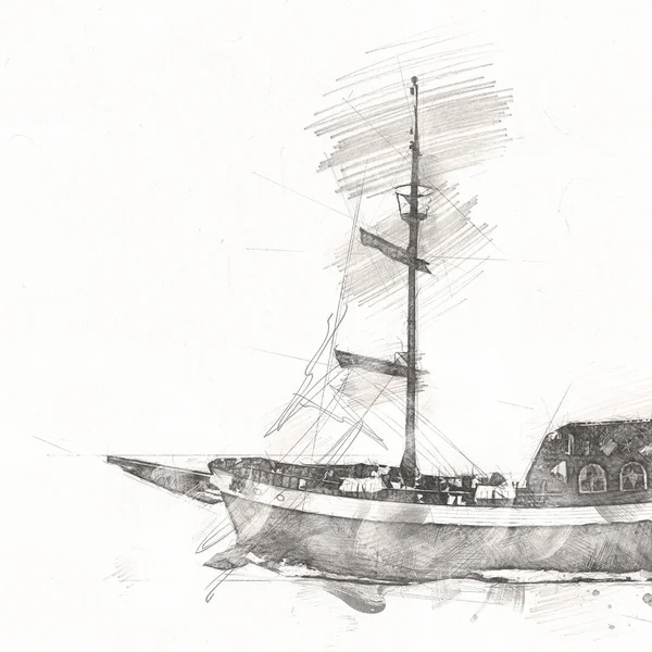 Deniz illüstrasyonunda yelken açan korsan gemisi klasik eskiz çiziyor.