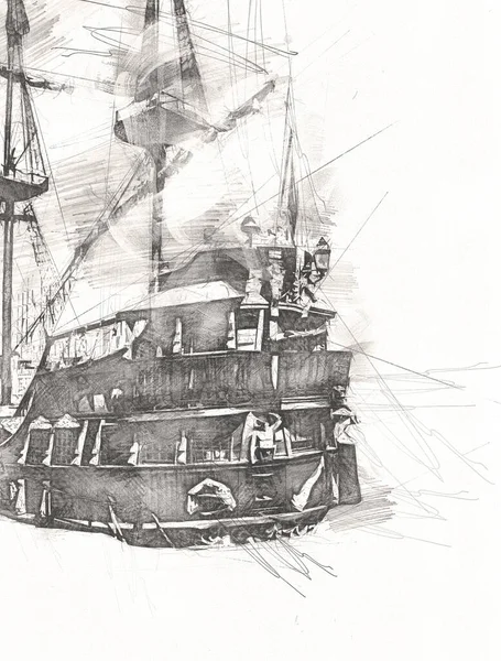 Barco Pirata Navegando Mar Ilustración Arte Dibujo Boceto Vintage — Foto de Stock