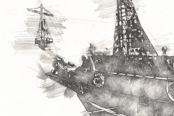 Deniz illüstrasyonunda yelken açan korsan gemisi klasik eskiz çiziyor.