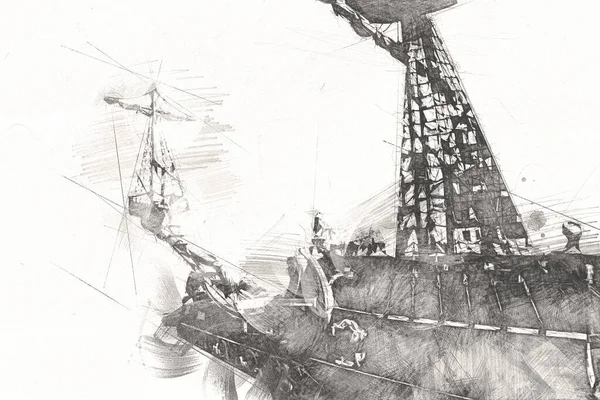 Deniz illüstrasyonunda yelken açan korsan gemisi klasik eskiz çiziyor.