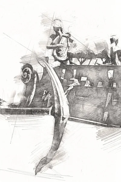 Піратський Корабель Пливе Морській Ілюстрації Художній Малюнок Ескіз Старовинний — стокове фото