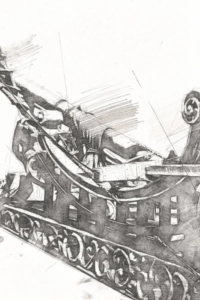 Deniz Illüstrasyonunda Yelken Açan Korsan Gemisi Klasik Eskiz Çiziyor — Stok fotoğraf