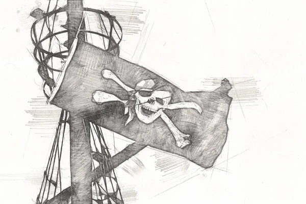 Skalle Och Ben Pirat Flagga Konst Illustration Ritning Skiss Vintage — Stockfoto