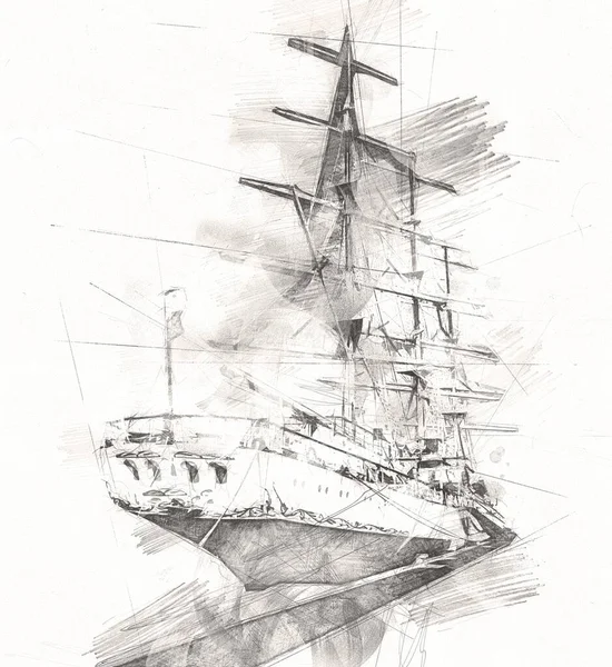 アンティークボートの海の動機は 手作りのイラストアートヴィンテージの図面を描く — ストック写真