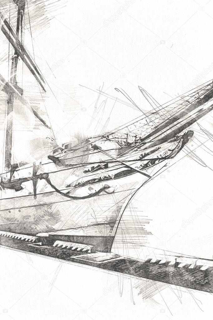 Antique boat sea motive drawing handmade illustration art vintage drawing