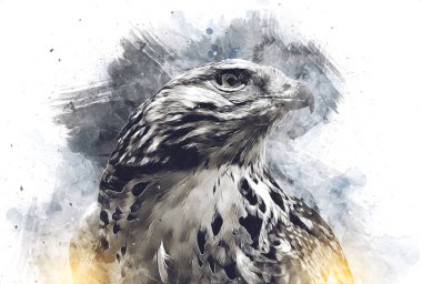 Falcon, arka plan illüstrasyonuna el çizimi ve boya rengi, şahin klasik retro