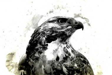Falcon, arka plan illüstrasyonuna el çizimi ve boya rengi, şahin klasik retro
