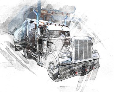 Amerikan kamyon illüstrasyon rengi izole edilmiş eski sanat eseri