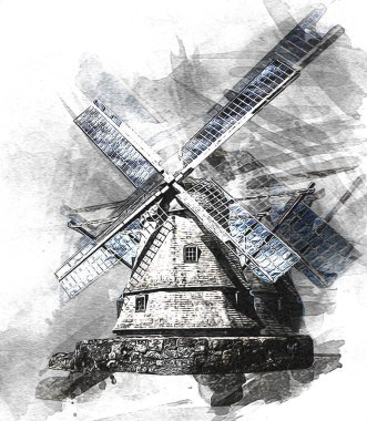 Eski yel değirmeni antika çizim sanatı
