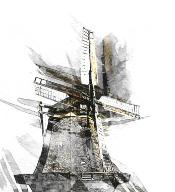 Eski yel değirmeni antika çizim sanatı