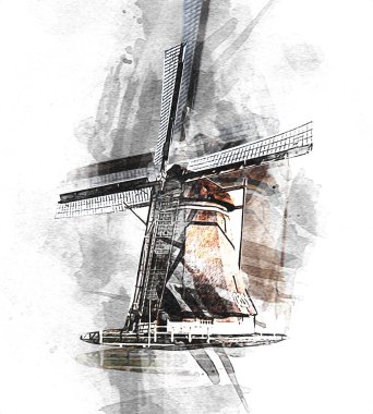 Eski yel değirmeni antika çizim sanatı