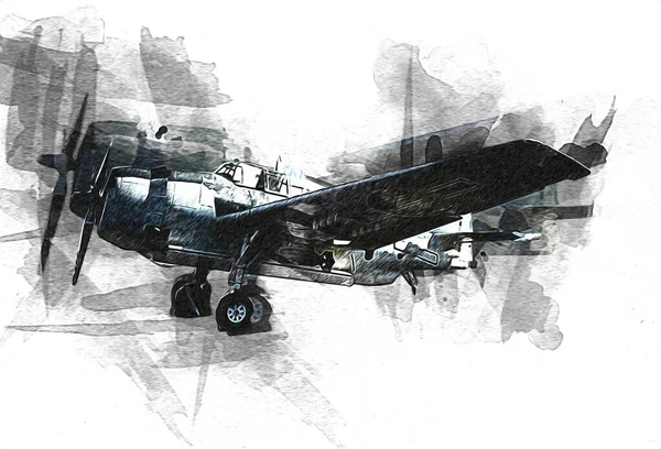 Viejo Avión Combate Aislado Sobre Fondo Blanco Arte Vintage Ilustración —  Fotos de Stock