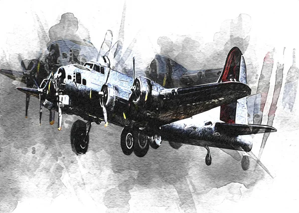 Viejo Avión Combate Aislado Sobre Fondo Blanco Arte Vintage Ilustración —  Fotos de Stock