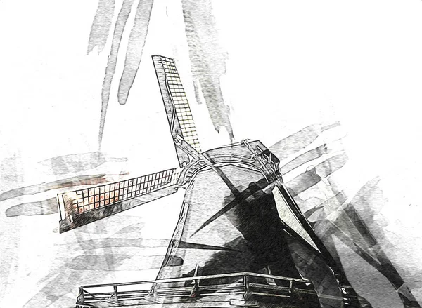 Windmolen Oude Retro Vintage Tekening Illustratie Kunst — Stockfoto