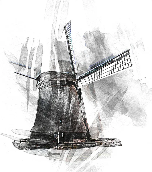 Moulin Vent Ancien Rétro Dessin Vintage Illustration Art — Photo