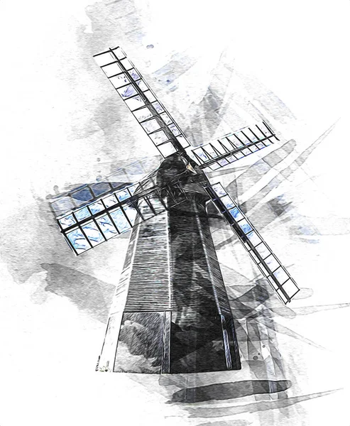 windmill old retro vintage drawing illustration art