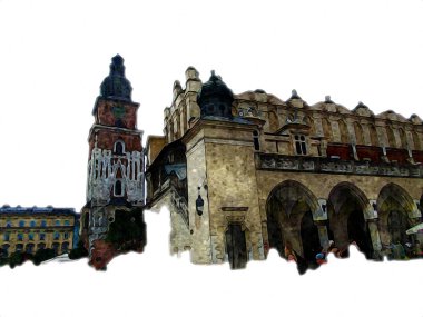 Eski şehir Krakow sanat illüstrasyonları antika