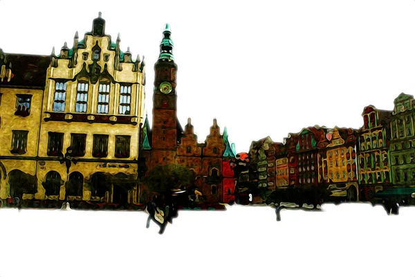 Wroclaw Ciudad Poland Retro Arte Vintage Dibujo Dibujo Ilustración — Foto de Stock