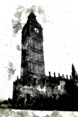 Londra 'nın büyük Ben sanat eseri çizimi, çizim, eğlenceli tasarım, antika retro