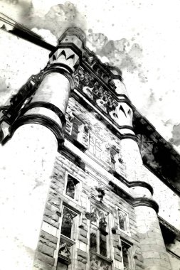 Londra 'nın büyük Ben sanat eseri çizimi, çizim, eğlenceli tasarım, antika retro