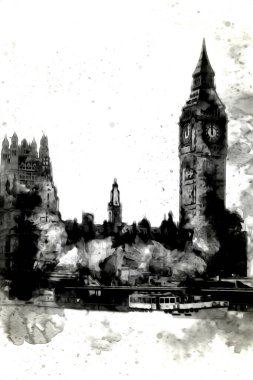 Londra 'nın büyük Ben sanat eseri çizimi, çizim, eğlenceli tasarım, antika retro