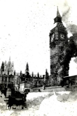 Londra 'nın büyük Ben sanat eseri çizimi, çizim, eğlenceli tasarım, antika retro