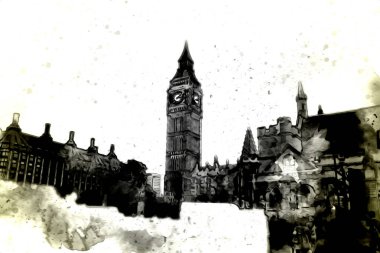 Londra 'nın büyük Ben sanat eseri çizimi, çizim, eğlenceli tasarım, antika retro