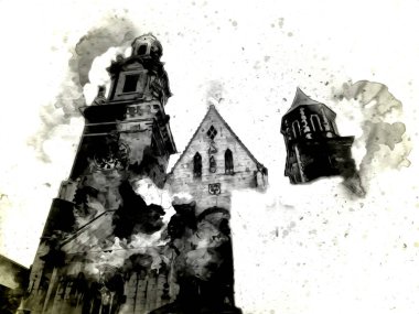 Eski şehir Krakow sanat illüstrasyonları antika