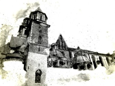 Eski şehir Krakow sanat illüstrasyonları antika