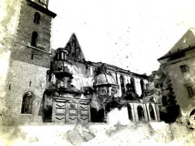 Eski şehir Krakow sanat illüstrasyonları antika