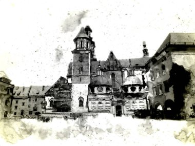 Eski şehir Krakow sanat illüstrasyonları antika