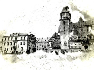 Eski şehir Krakow sanat illüstrasyonları antika