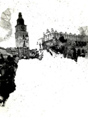 Eski şehir Krakow sanat illüstrasyonları antika