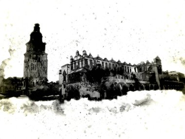 Eski şehir Krakow sanat illüstrasyonları antika