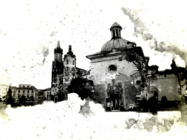 Eski şehir Krakow sanat illüstrasyonları antika