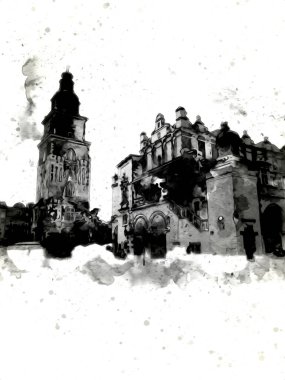 Eski şehir Krakow sanat illüstrasyonları antika