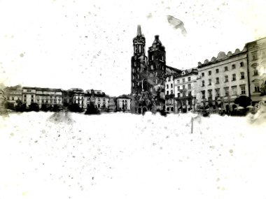 Eski şehir Krakow sanat illüstrasyonları antika