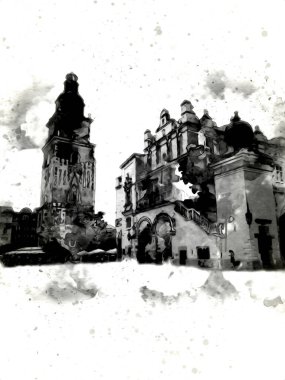 Eski şehir Krakow sanat illüstrasyonları antika