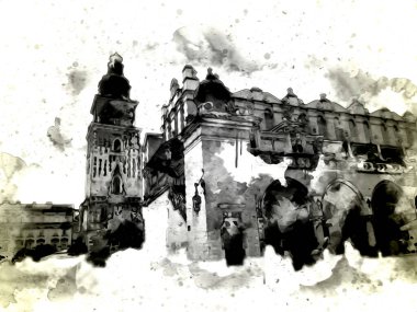 Eski şehir Krakow sanat illüstrasyonları antika