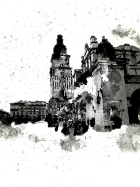 Eski şehir Krakow sanat illüstrasyonları antika