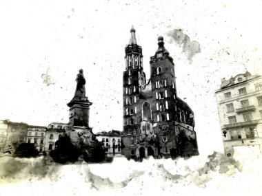 Eski şehir Krakow sanat illüstrasyonları antika