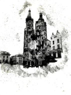 Eski şehir Krakow sanat illüstrasyonları antika