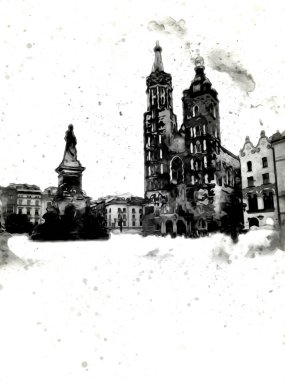 Eski şehir Krakow sanat illüstrasyonları antika