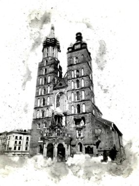 Eski şehir Krakow sanat illüstrasyonları antika