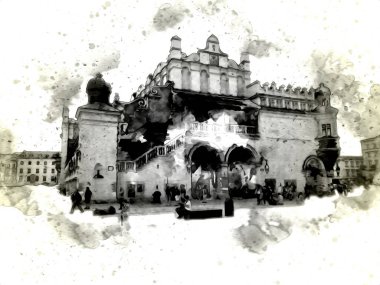 Eski şehir Krakow sanat illüstrasyonları antika