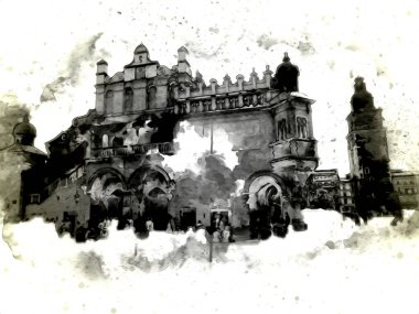 Eski şehir Krakow sanat illüstrasyonları antika