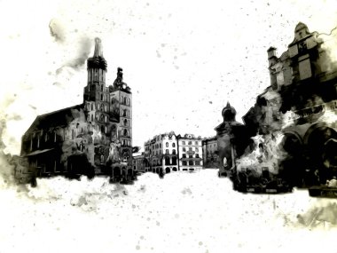 Eski şehir Krakow sanat illüstrasyonları antika