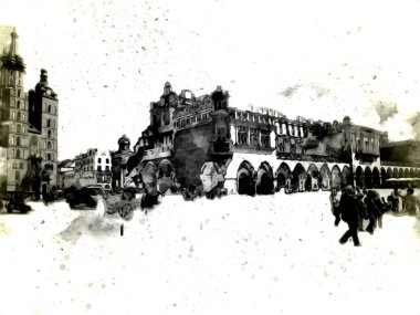 Eski şehir Krakow sanat illüstrasyonları antika